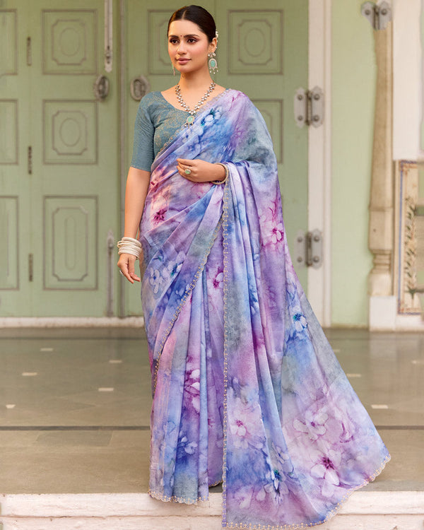 Vishal Prints Pastel Purple Designer Organza Digital Print Saree With Diamond Work And Cut Work Border