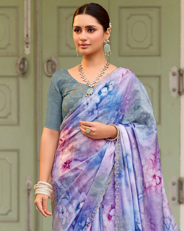 Vishal Prints Pastel Purple Designer Organza Digital Print Saree With Diamond Work And Cut Work Border