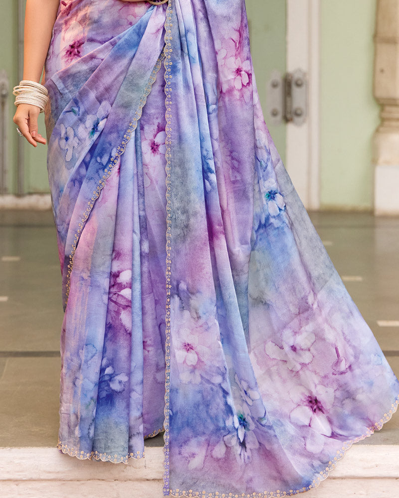 Vishal Prints Pastel Purple Designer Organza Digital Print Saree With Diamond Work And Cut Work Border