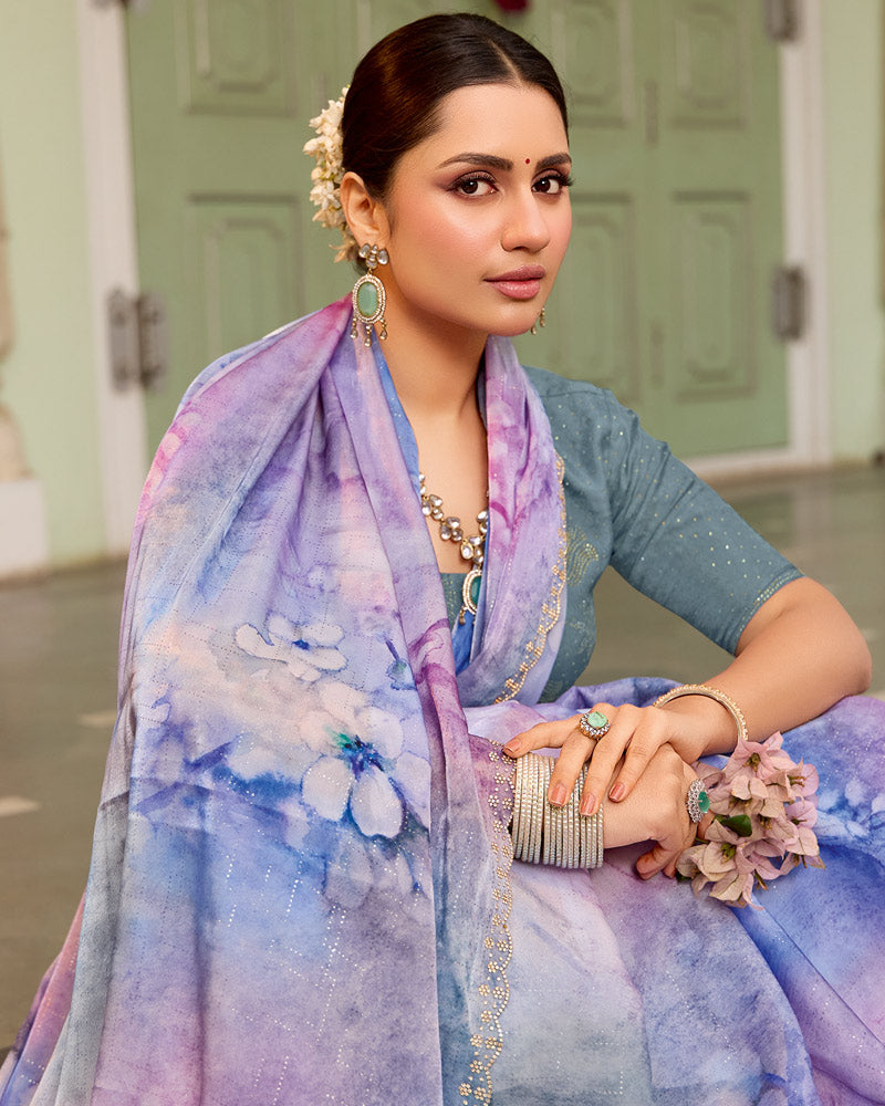Vishal Prints Pastel Purple Designer Organza Digital Print Saree With Diamond Work And Cut Work Border