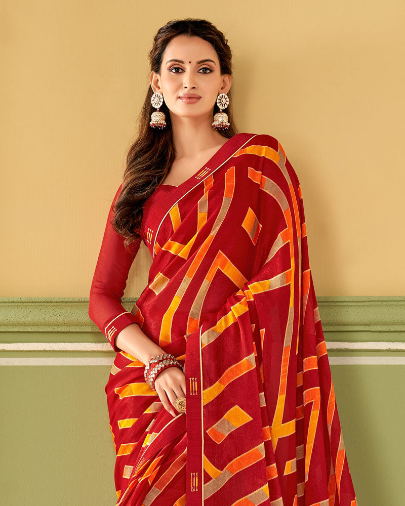 Vishal Prints Dark Red Printed Chiffon Saree With Border