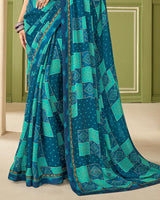 Vishal Prints Peacock Blue Printed Chiffon Saree With Border