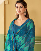 Vishal Prints Peacock Blue Printed Chiffon Saree With Border