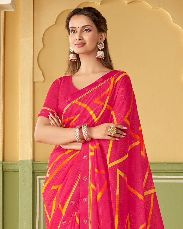 Vishal Prints Red Pink Printed Chiffon Saree With Border