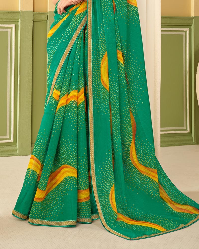 Vishal Prints Dark Mint Green Printed Chiffon Saree With Border