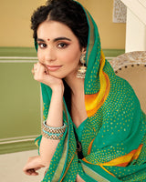 Vishal Prints Dark Mint Green Printed Chiffon Saree With Border