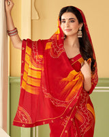 Vishal Prints Cherry Red Printed Chiffon Saree With Border