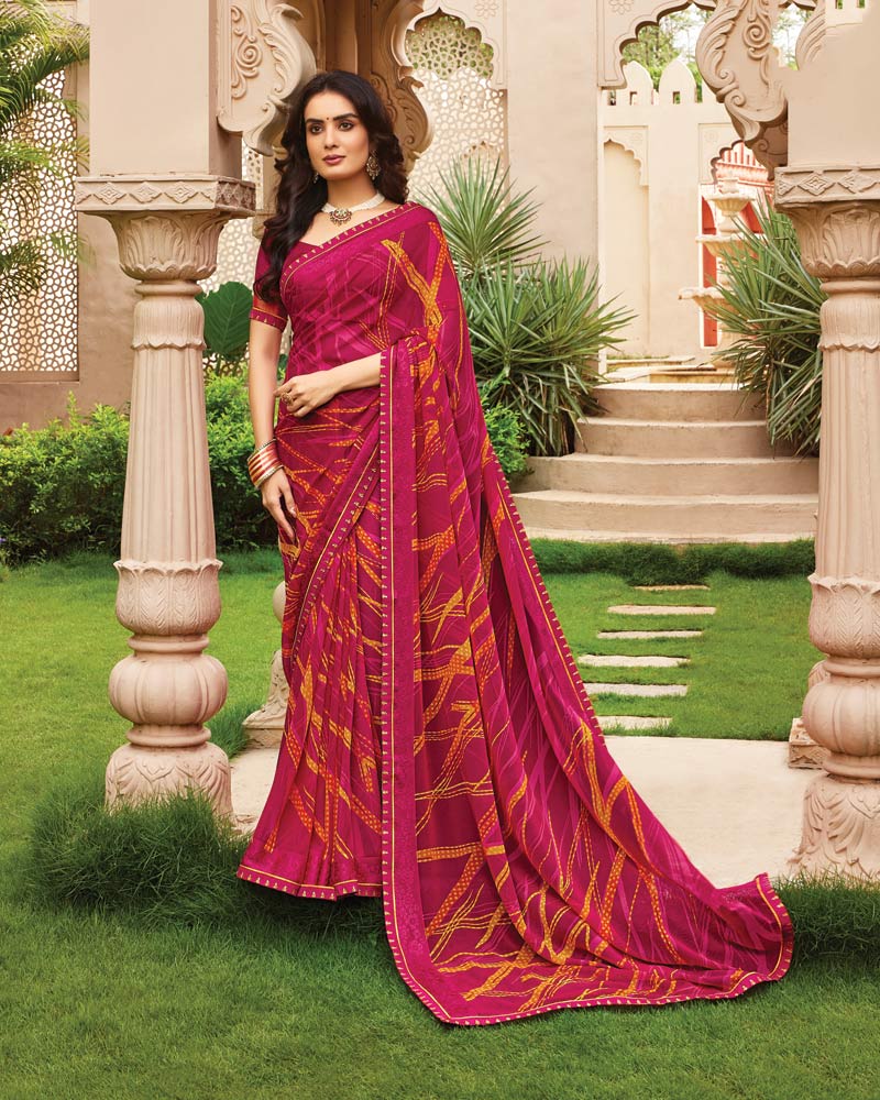 Vishal Prints Purplish Red Printed Fancy Chiffon Saree With Border