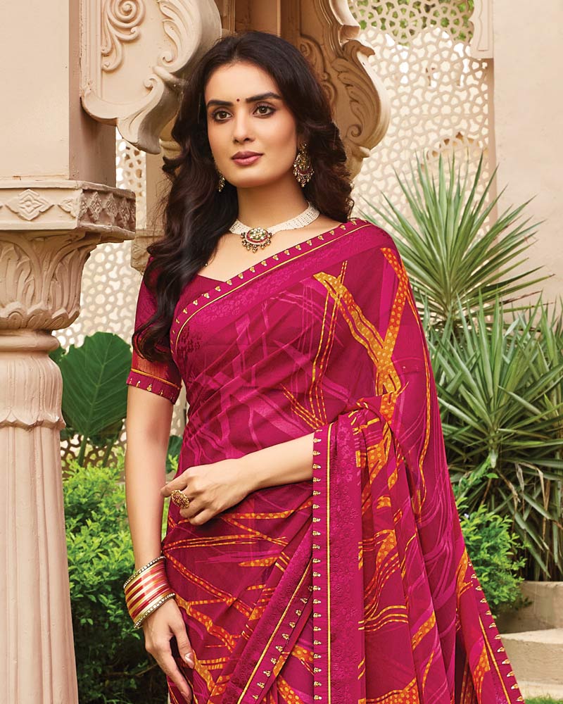 Vishal Prints Purplish Red Printed Fancy Chiffon Saree With Border