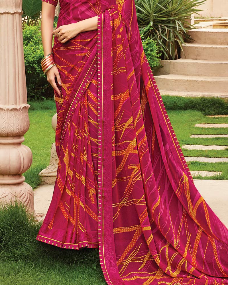 Vishal Prints Purplish Red Printed Fancy Chiffon Saree With Border