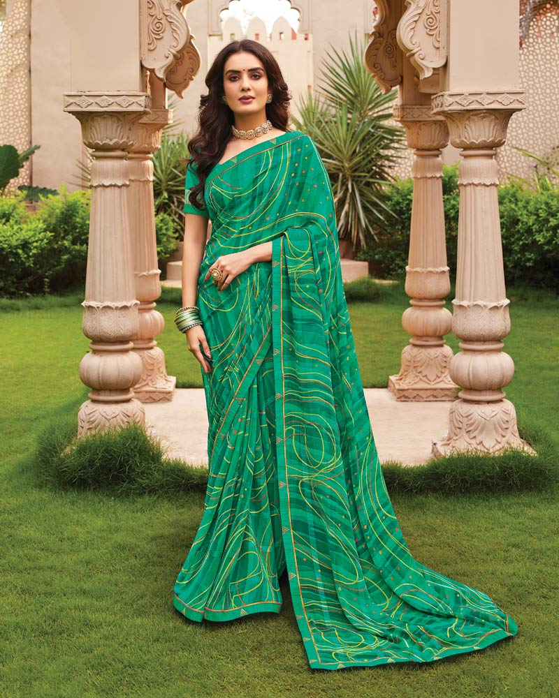 Vishal Prints Jade Green Printed Fancy Chiffon Saree With Border