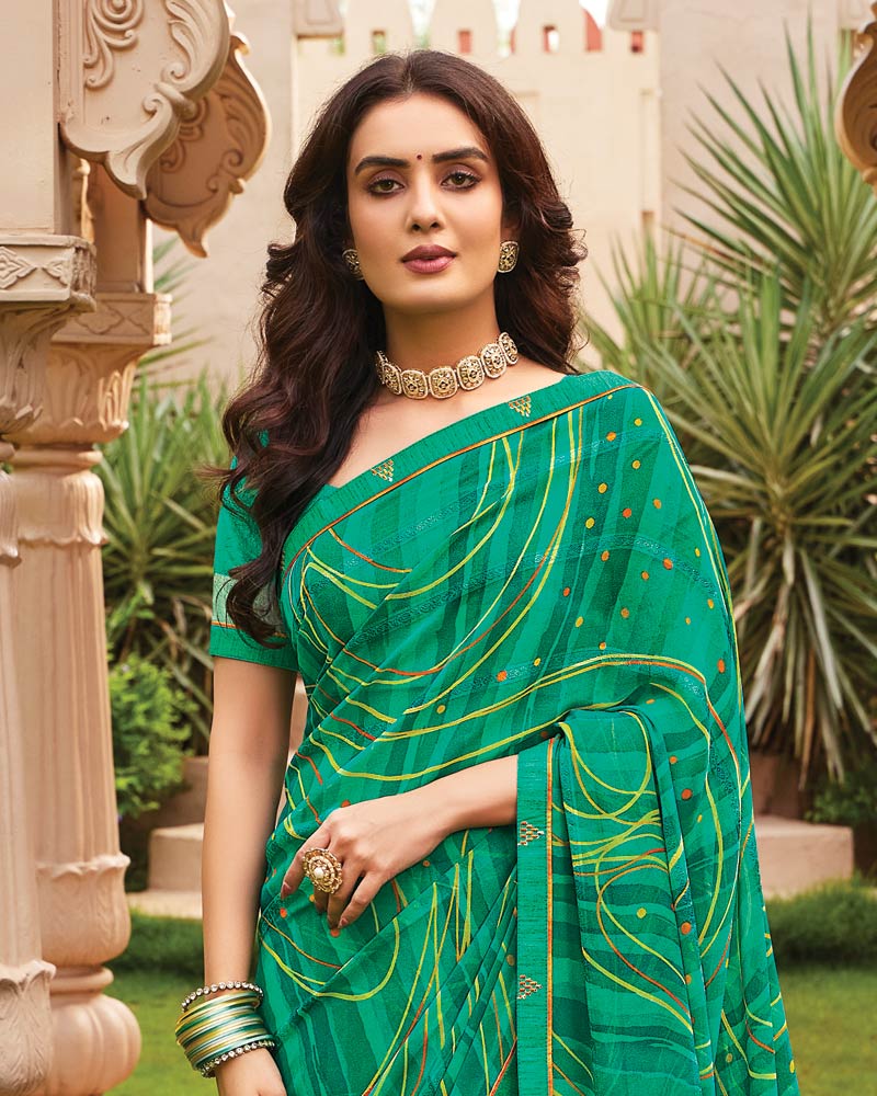 Vishal Prints Jade Green Printed Fancy Chiffon Saree With Border