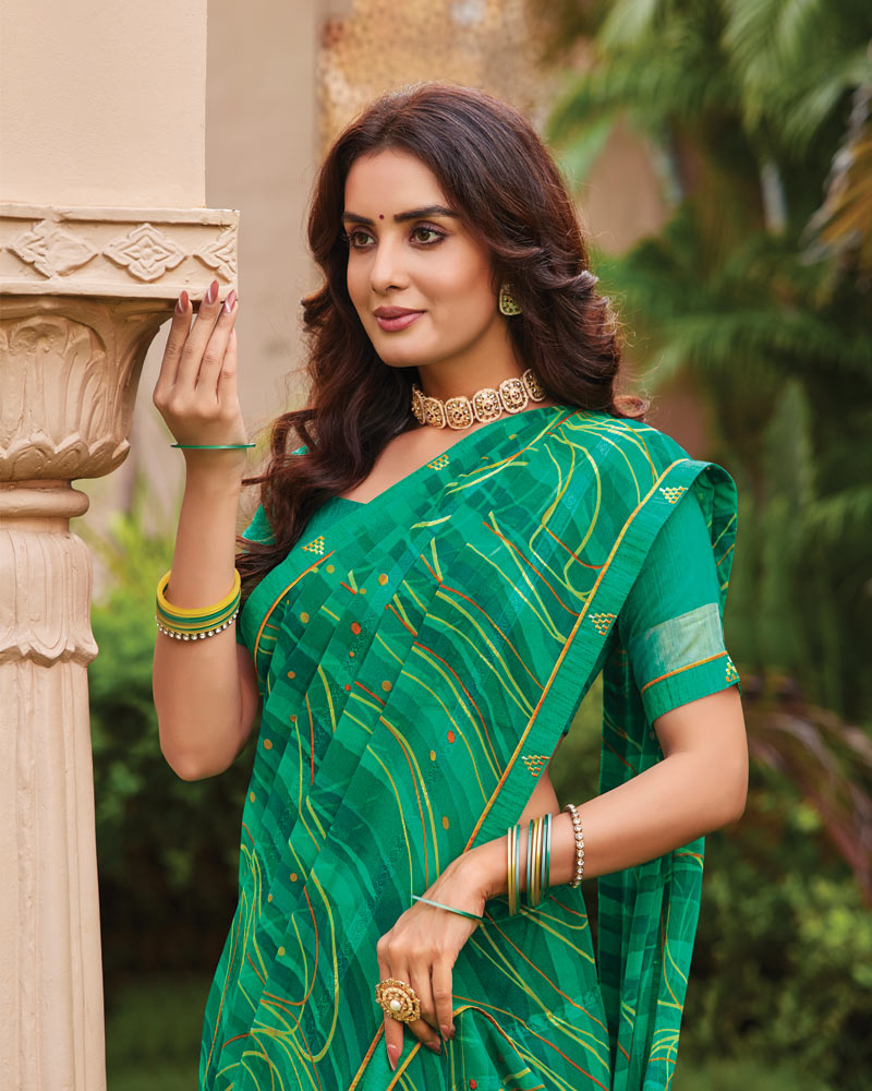 Vishal Prints Jade Green Printed Fancy Chiffon Saree With Border