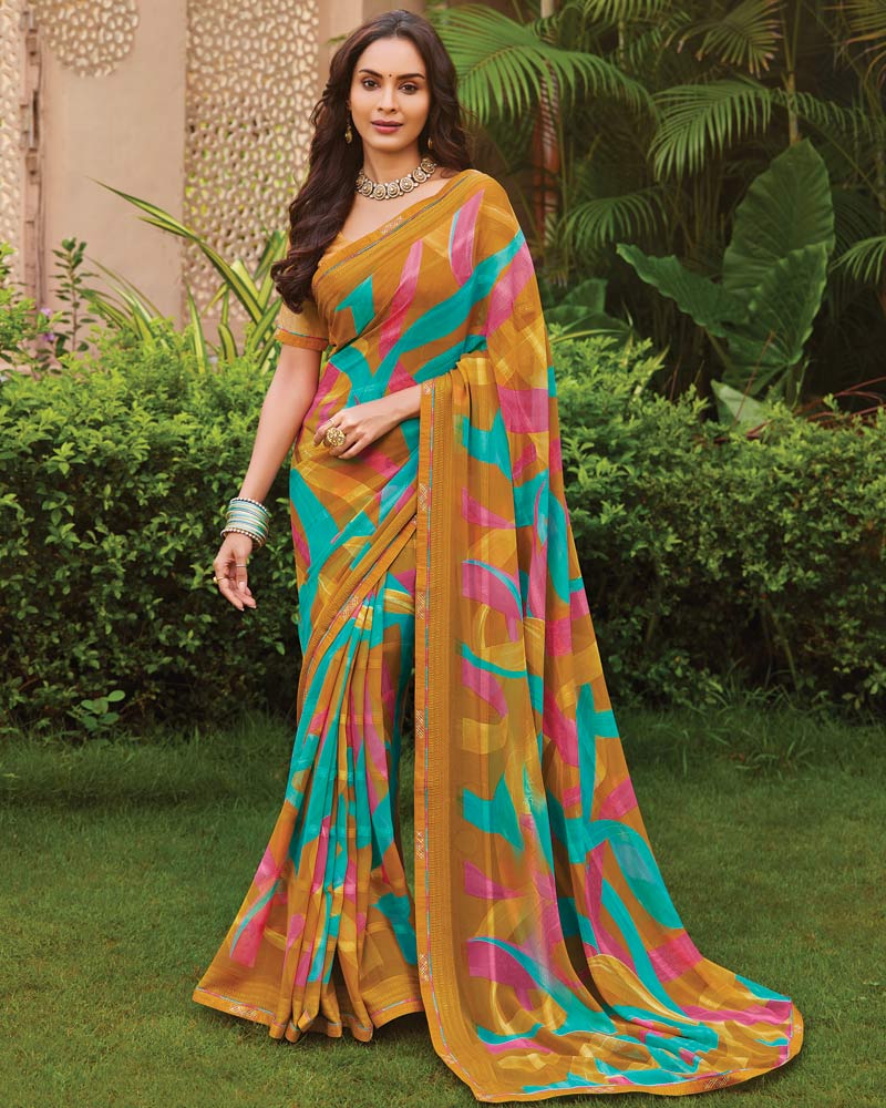 Vishal Prints Rusty Orange Printed Fancy Chiffon Saree With Border