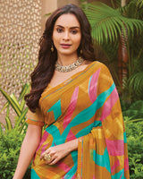 Vishal Prints Rusty Orange Printed Fancy Chiffon Saree With Border