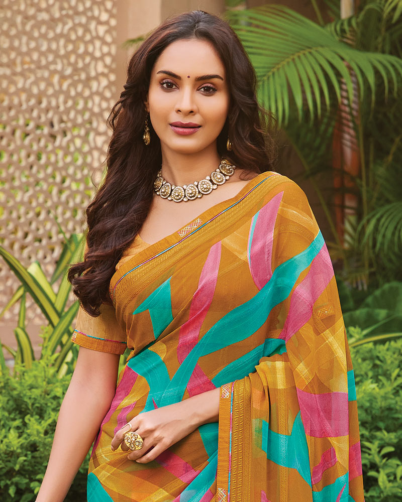 Vishal Prints Rusty Orange Printed Fancy Chiffon Saree With Border