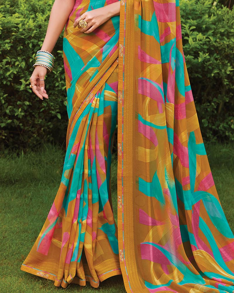Vishal Prints Rusty Orange Printed Fancy Chiffon Saree With Border