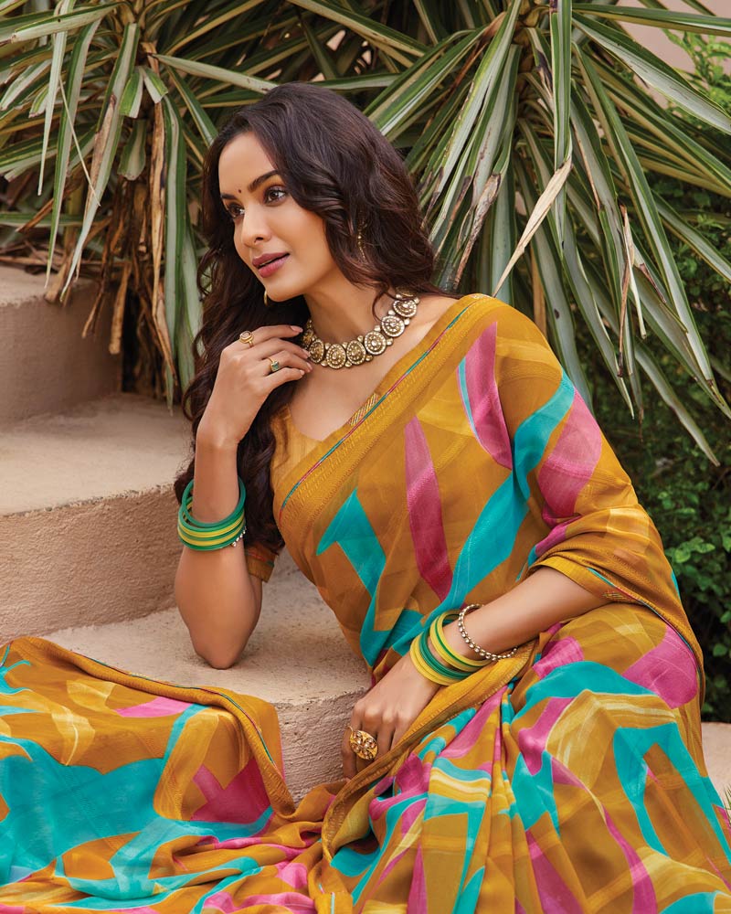 Vishal Prints Rusty Orange Printed Fancy Chiffon Saree With Border