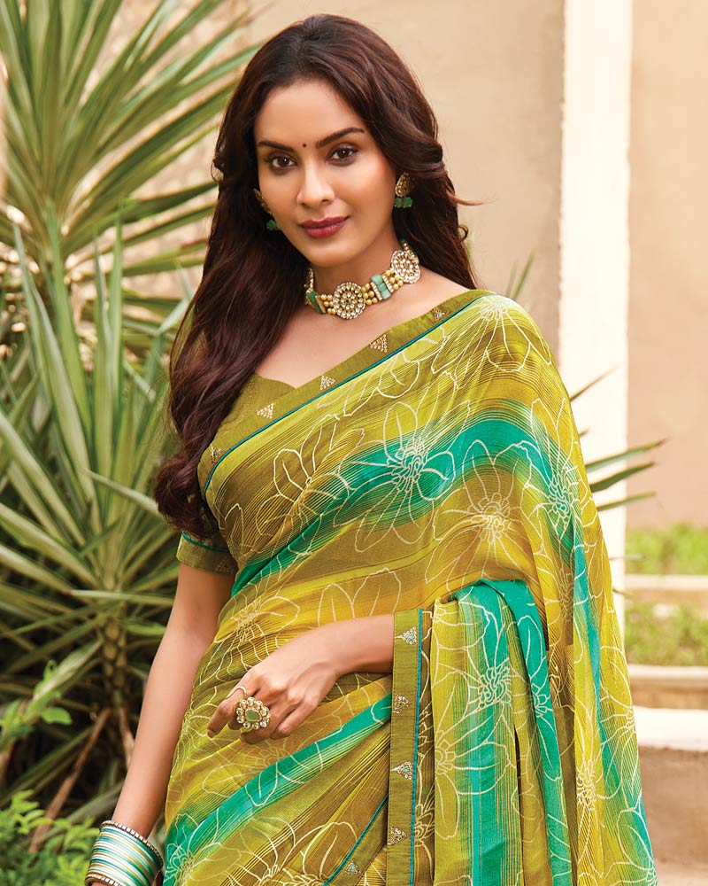 Vishal Prints Brownish Yellow Printed Fancy Chiffon Saree With Border