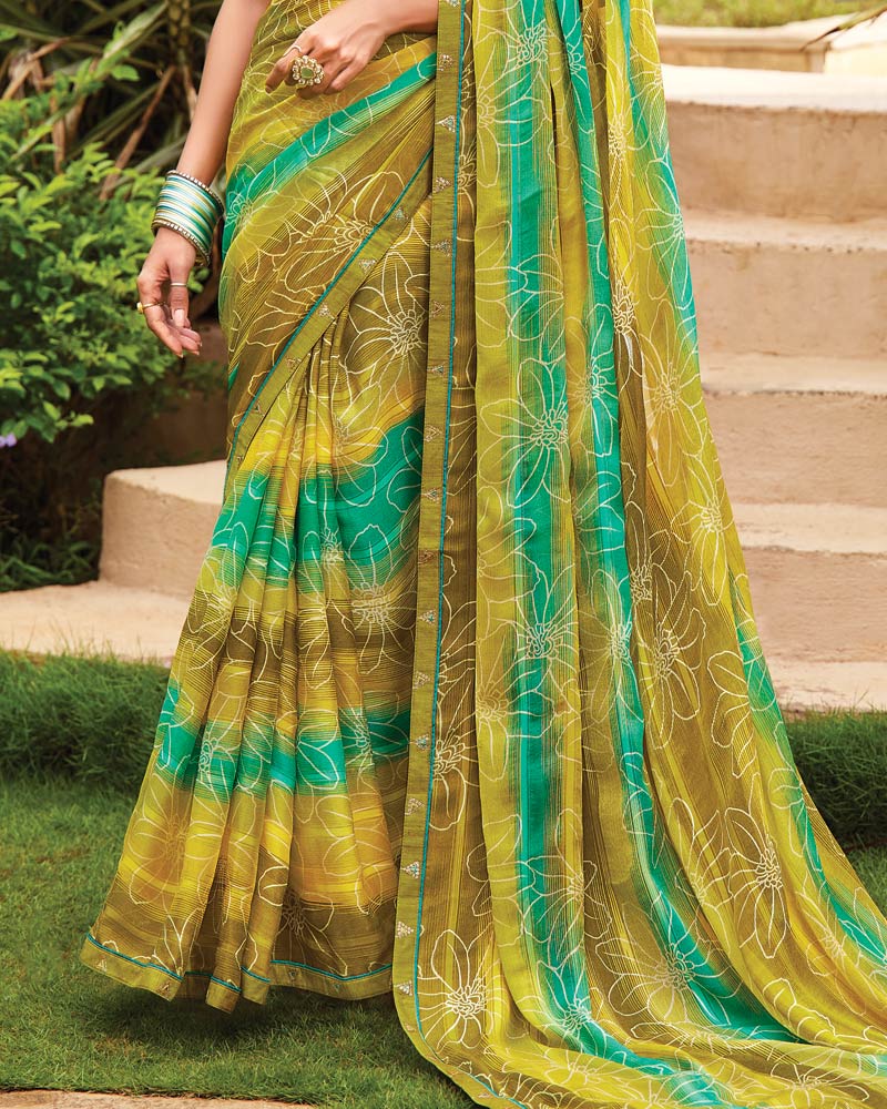 Vishal Prints Brownish Yellow Printed Fancy Chiffon Saree With Border