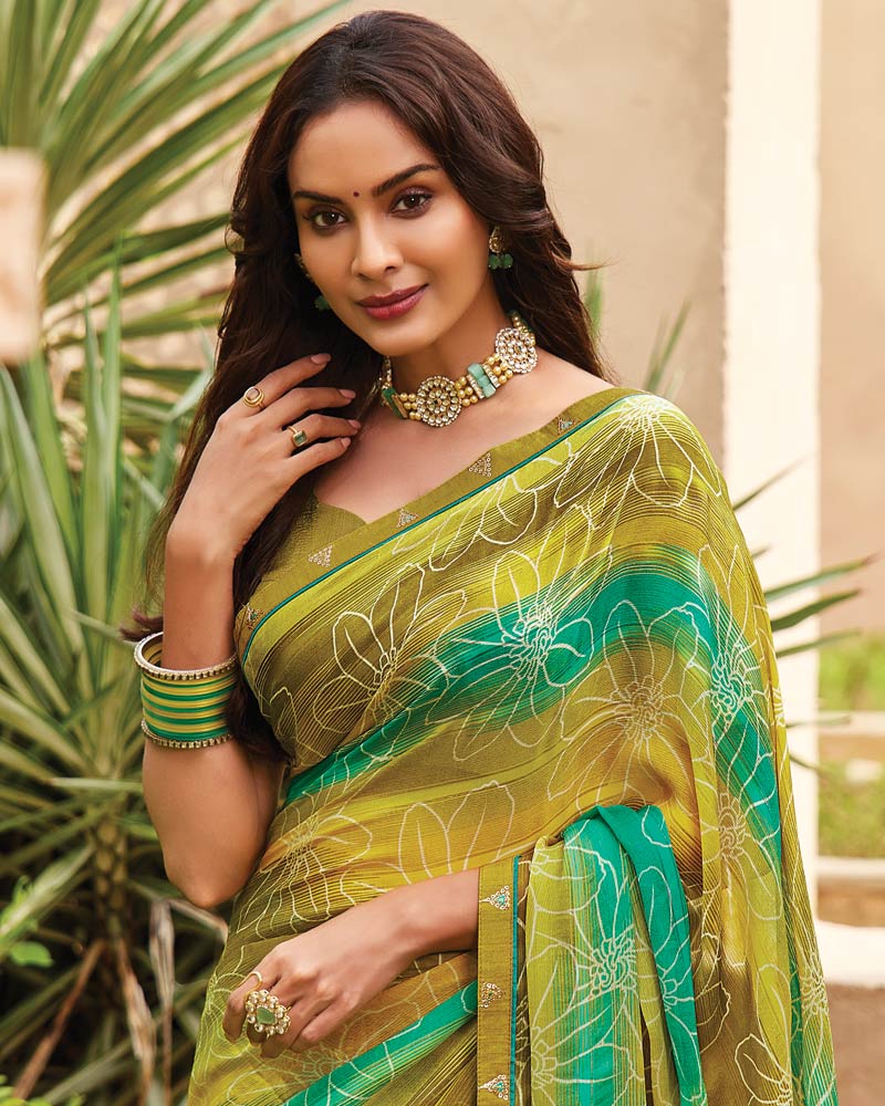 Vishal Prints Brownish Yellow Printed Fancy Chiffon Saree With Border