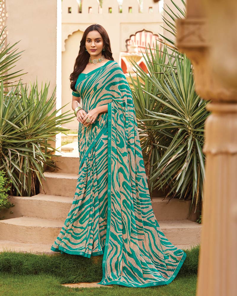 Vishal Prints Deep Aqua Green Printed Fancy Chiffon Saree With Border