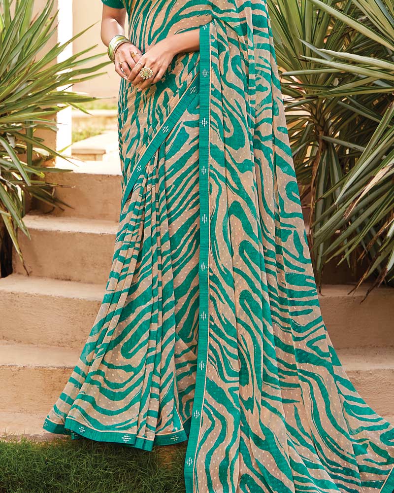 Vishal Prints Deep Aqua Green Printed Fancy Chiffon Saree With Border