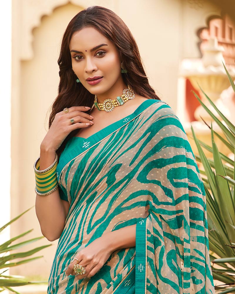 Vishal Prints Deep Aqua Green Printed Fancy Chiffon Saree With Border