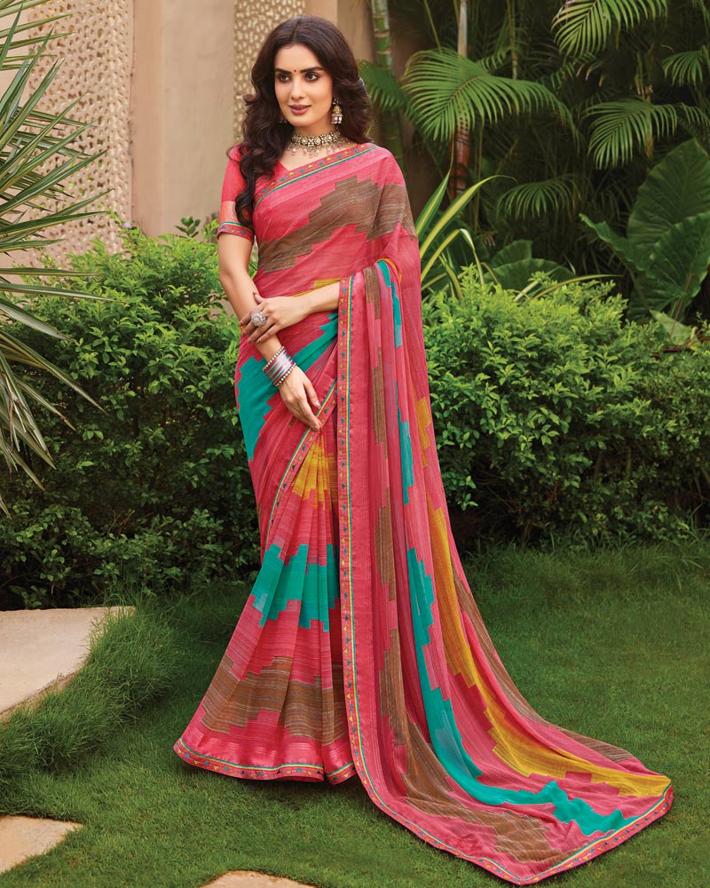 Vishal Prints Mandy Pink Printed Fancy Chiffon Saree With Border