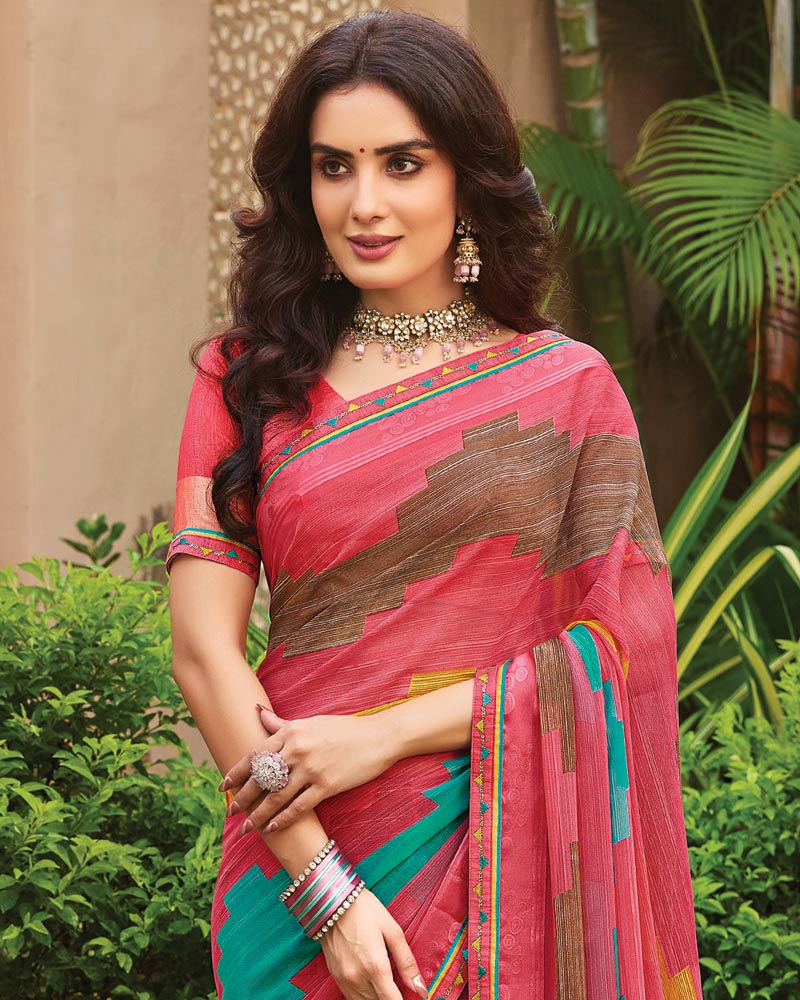 Vishal Prints Mandy Pink Printed Fancy Chiffon Saree With Border