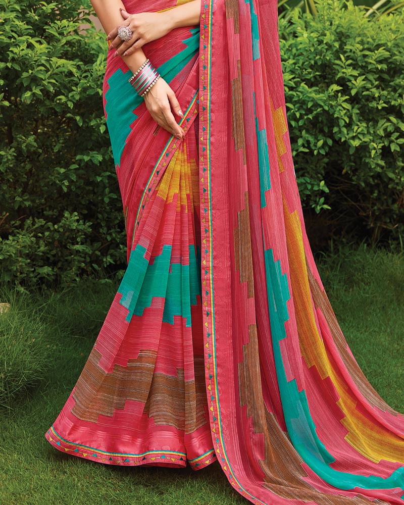 Vishal Prints Mandy Pink Printed Fancy Chiffon Saree With Border
