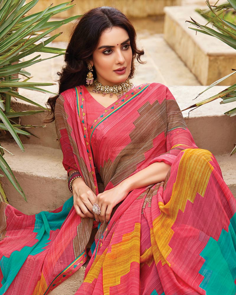 Vishal Prints Mandy Pink Printed Fancy Chiffon Saree With Border