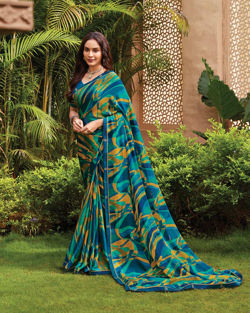 Vishal Prints Persian Green Printed Fancy Chiffon Saree With Border