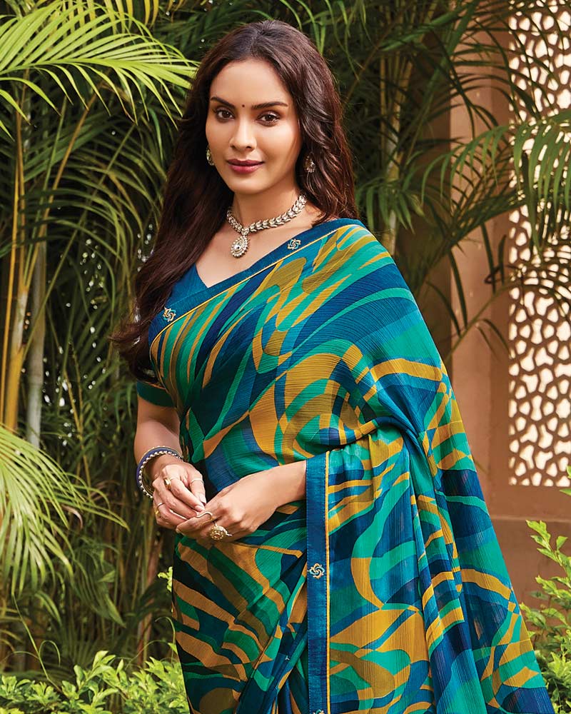 Vishal Prints Persian Green Printed Fancy Chiffon Saree With Border