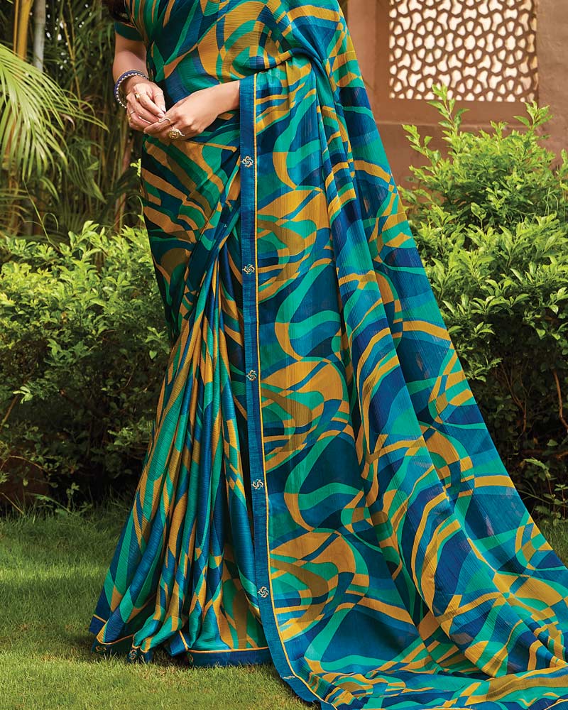 Vishal Prints Persian Green Printed Fancy Chiffon Saree With Border