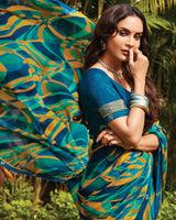 Vishal Prints Persian Green Printed Fancy Chiffon Saree With Border