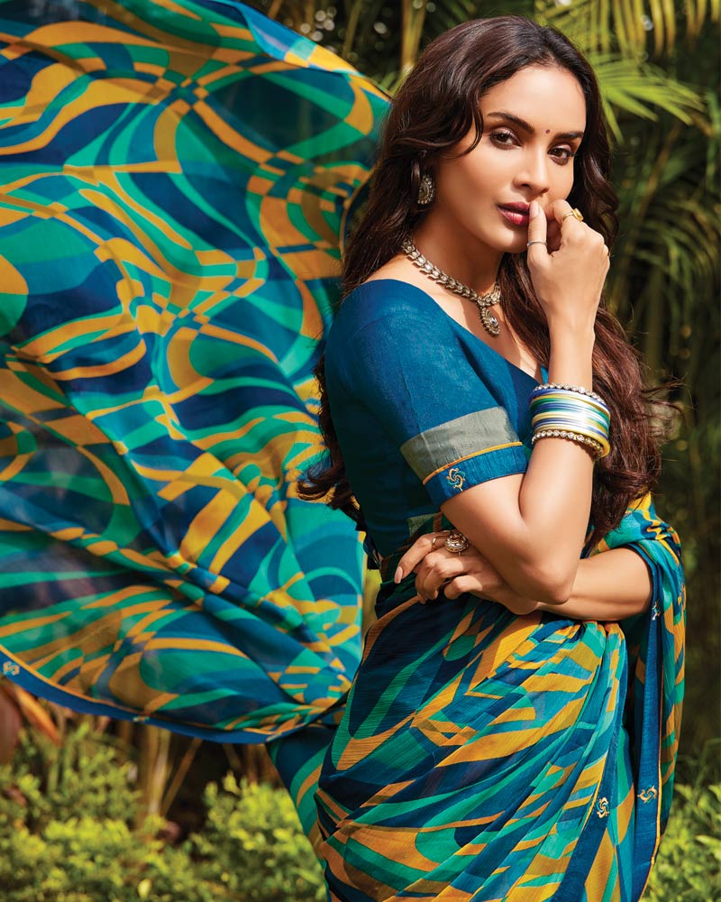 Vishal Prints Persian Green Printed Fancy Chiffon Saree With Border