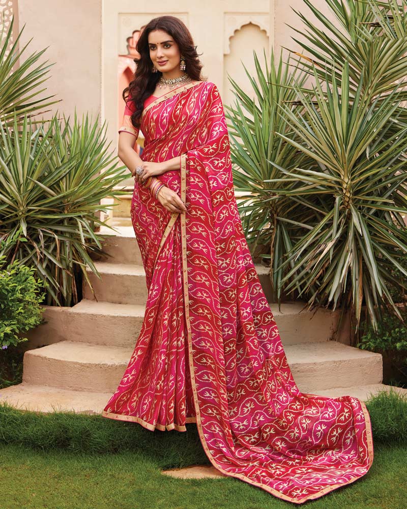 Vishal Prints Dark Cherry Red Printed Fancy Chiffon Saree With Border