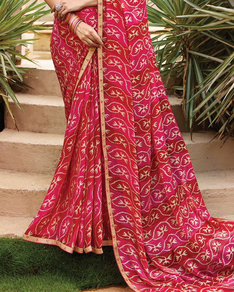 Vishal Prints Dark Cherry Red Printed Fancy Chiffon Saree With Border