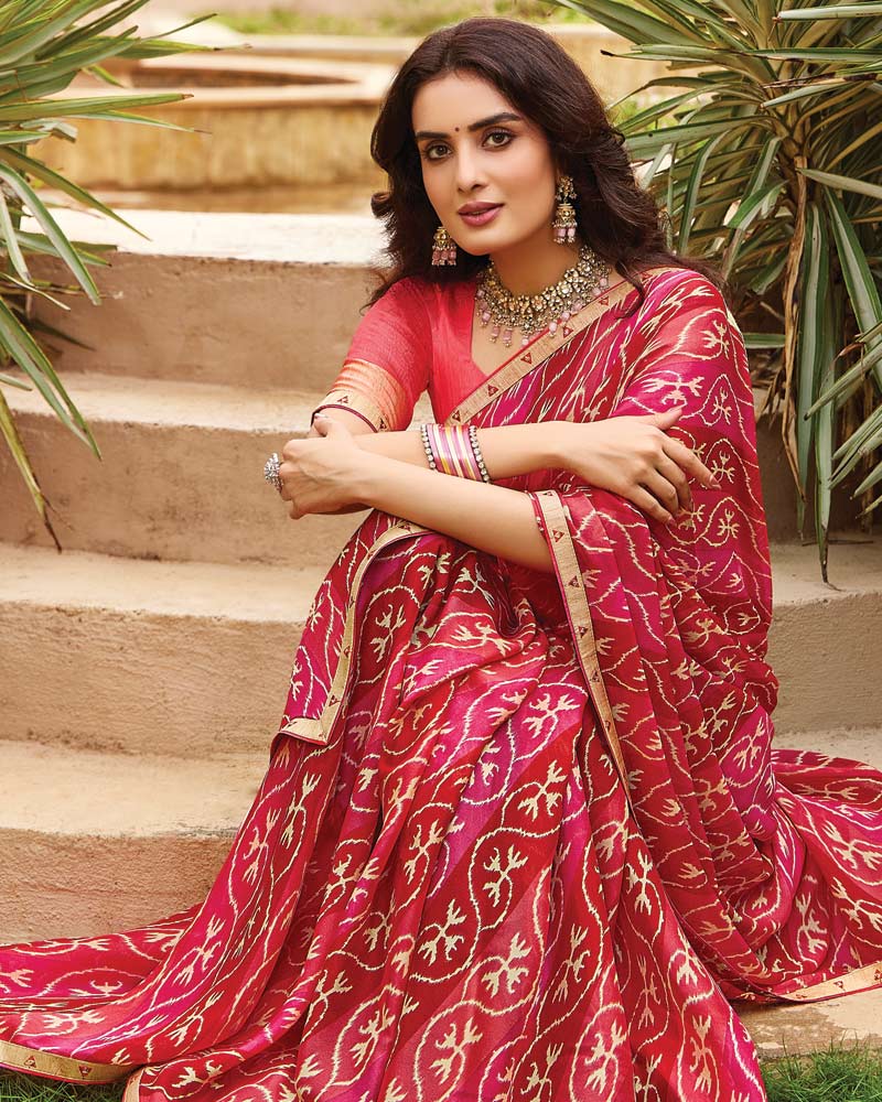 Vishal Prints Dark Cherry Red Printed Fancy Chiffon Saree With Border