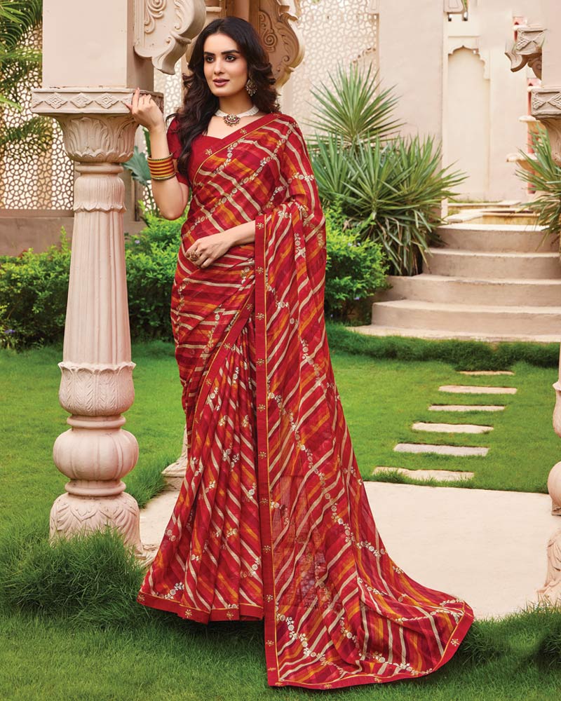 Vishal Prints Shiraz Red Printed Fancy Chiffon Saree With Foil Print And Border