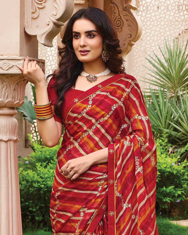 Vishal Prints Shiraz Red Printed Fancy Chiffon Saree With Foil Print And Border