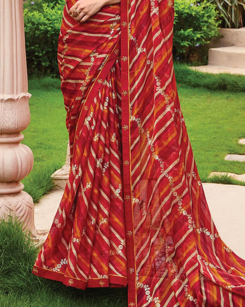 Vishal Prints Shiraz Red Printed Fancy Chiffon Saree With Foil Print And Border