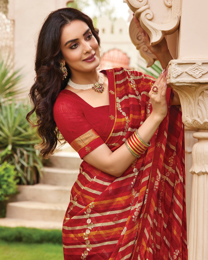 Vishal Prints Shiraz Red Printed Fancy Chiffon Saree With Foil Print And Border