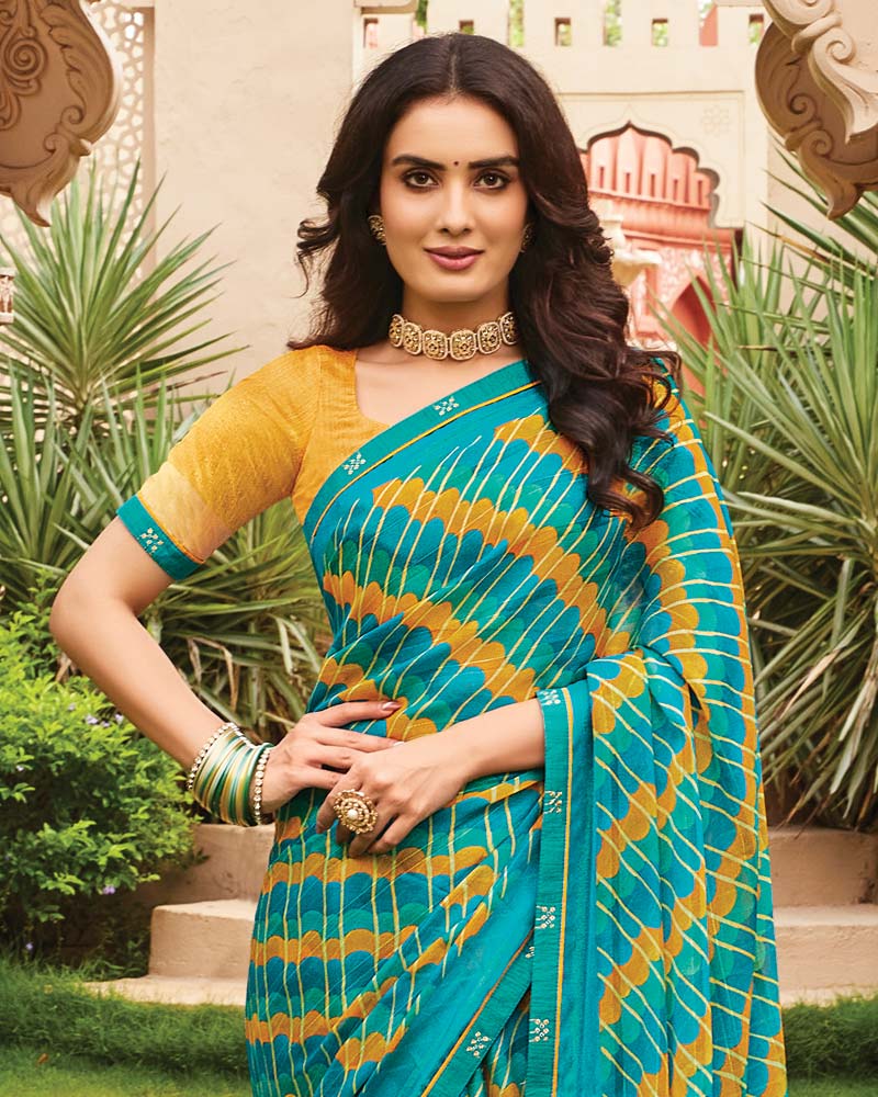 Vishal Prints Teal Green Printed Fancy Chiffon Saree With Border