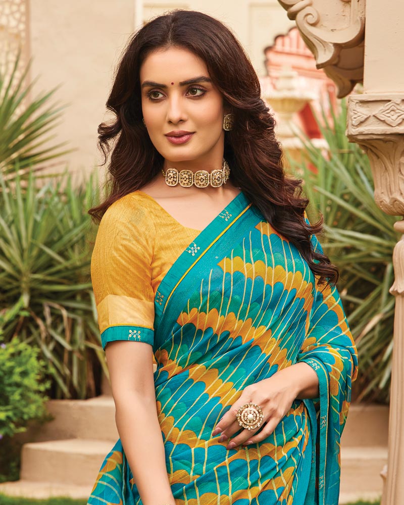 Vishal Prints Teal Green Printed Fancy Chiffon Saree With Border