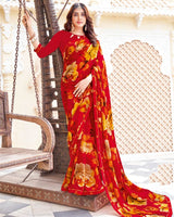 Vishal Prints Chili Red Printed Patterned Georgette Saree With Fancy Border