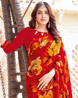 Vishal Prints Chili Red Printed Patterned Georgette Saree With Fancy Border