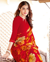 Vishal Prints Chili Red Printed Patterned Georgette Saree With Fancy Border