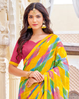 Vishal Prints Golden Yellow Printed Patterned Georgette Saree With Fancy Border